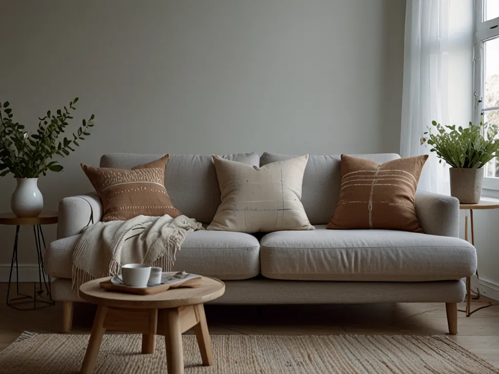 Modern living room with Scandinavian textile decor featuring soft cushions and natural fabrics